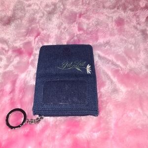 Denim Keychain Wallet with Embroidered Flower